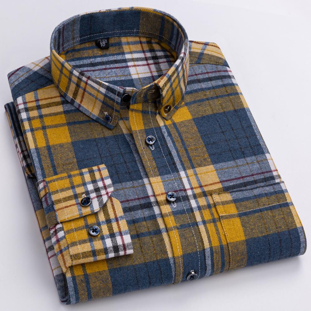 Men's Fashion Brushed Flannel Plaid Striped Shirts Single Patch Pocket Comfortable 100% Cotton Long Sleeve Standard-fit Shirt