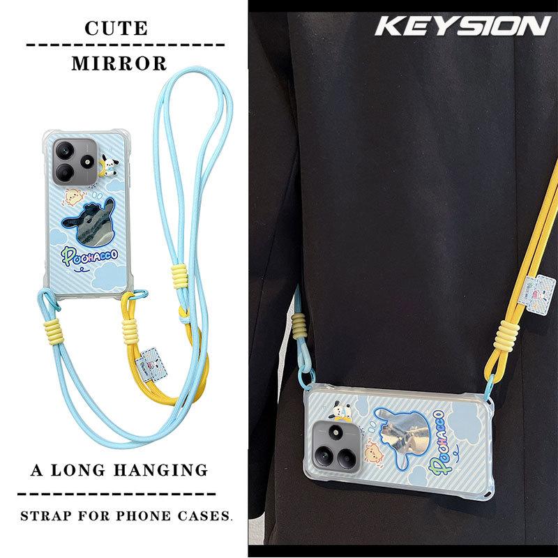 KEYSION Crossbody Strap Phone Case for Redmi Note 14 4G 5G Cute Cartoon Long Lanyard Mirror Shockproof Cover for Redmi Note 14 5G