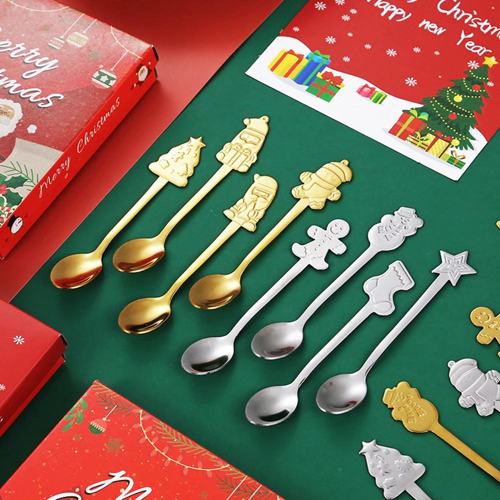 4/1PCS Christmas Dinnerware Stainless Steel Coffee Spoon Dessert Fruit Fork Cartoon Santa Claus Spoon Fork Xmas Table Supplies