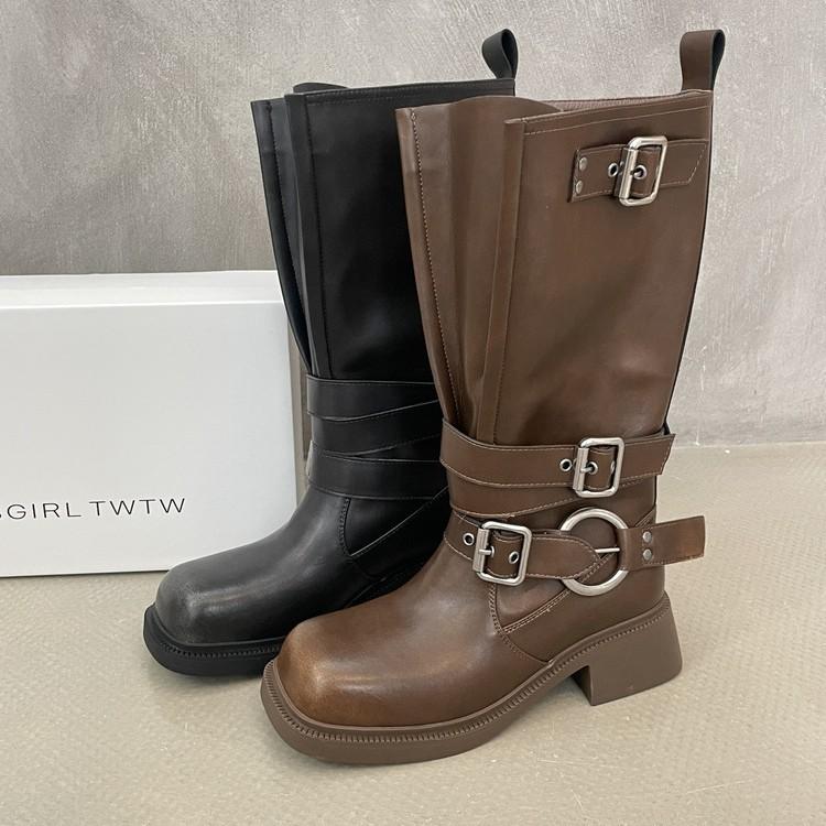 Retro Style Polished Square-Headed Knight Boots Women'S Spring Versatile But Knee-High Boots Slim Casual Boots