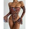 Новый сексуальный леопардовый принт бабочка с открытым плечом глубокий цельный эротический комплект нижнего белья