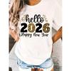 Женская футболка с принтом Hello 2026 С Новым 2026 Годом Белая Круглый вырез Короткий рукав Свободный крой Hello 2026 Прощай 2025 Повседневный топ