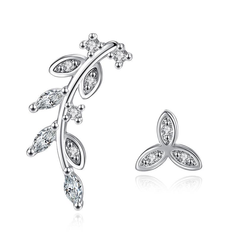 Серьги-гвоздики с асимметричным листом и цветочным камнем, женские белые медные посеребренные серьги-гвоздики