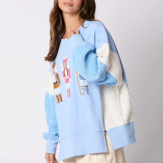 Women Christmas Sweatshirt Sequin Cartoon Pattern Slit Hem Colorblock Round Neck Long Sleeve Loose Mid Length Pullover Party Holiday Top