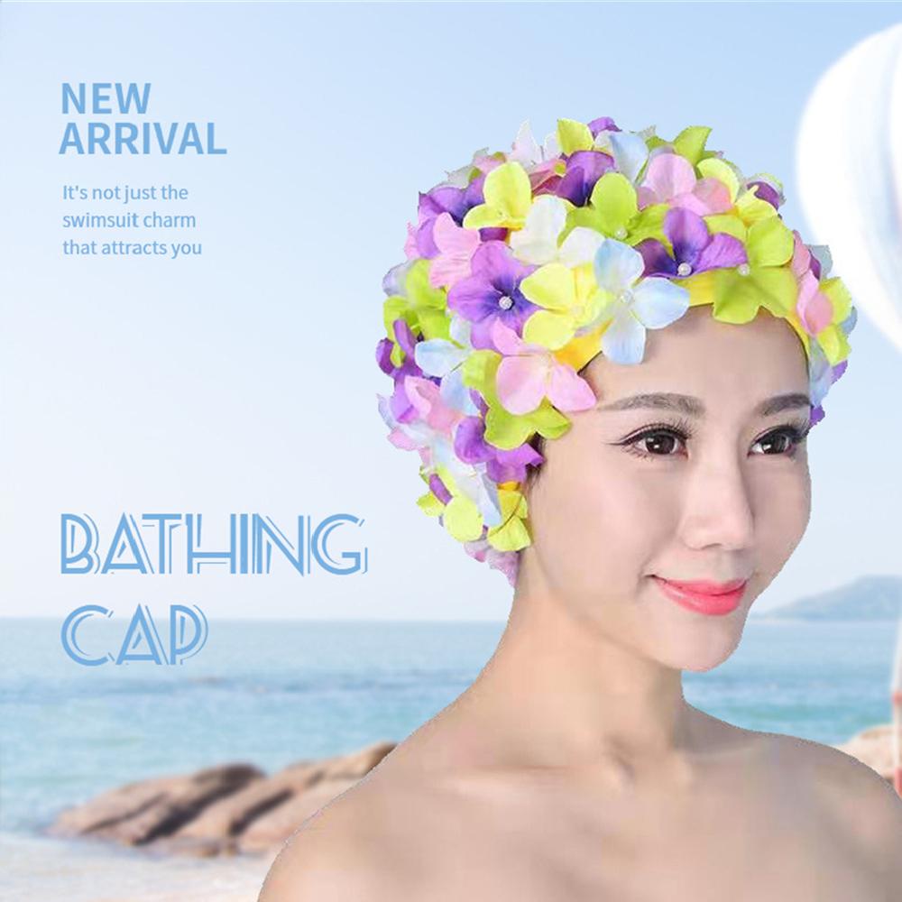 Women's Pleated Flower Swimming Cap Free Size Soft Long Hair Breathable Shower Cap Beach Surfing Protect Ears Elastic Caps Cozy