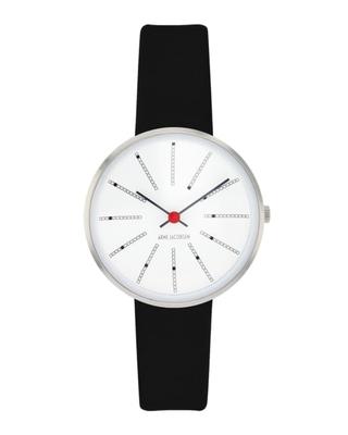 ARNE JACOBSEN BANKERS 53100-1401 Часы, 30 мм, Скандинавский дизайн, Водонепроницаемые (Тихий дизайн без секундной стрелки), Белые с черным кожаным ремешком