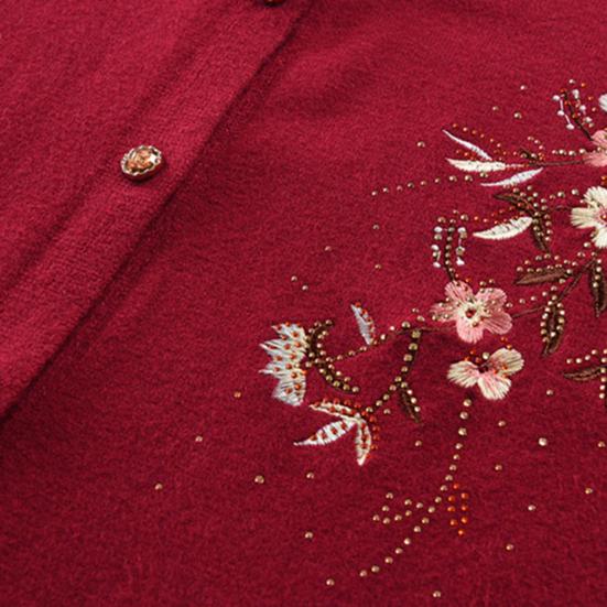 Осень-весна вязаное пальто для мам с цветочной вышивкой, однобортное, с круглым вырезом, свободный, с длинными рукавами, кардиган, эластичный