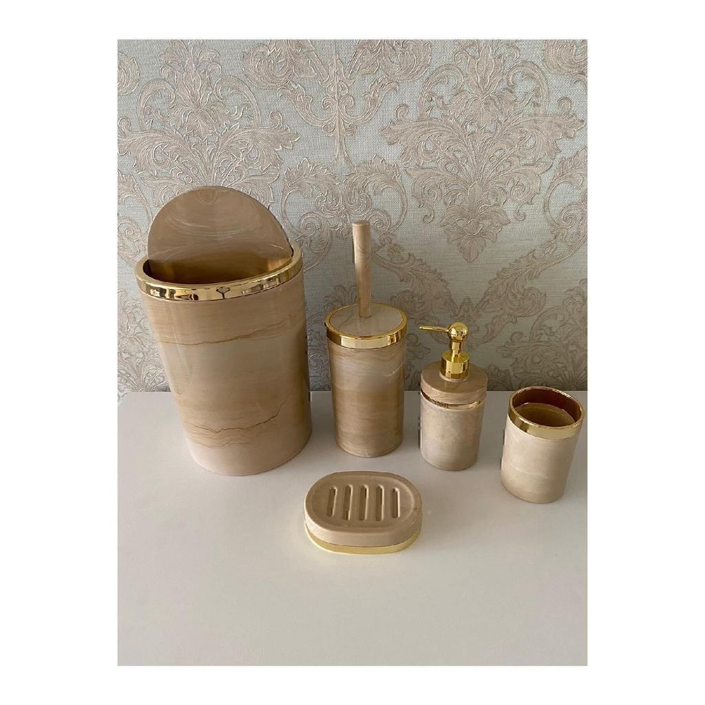 Набор для кремовой ванны с кусочком мрамора / держатель для туалетной щетки, дозатор жидкого и твердого мыла, мусорное ведро, держатель для зубной щетки