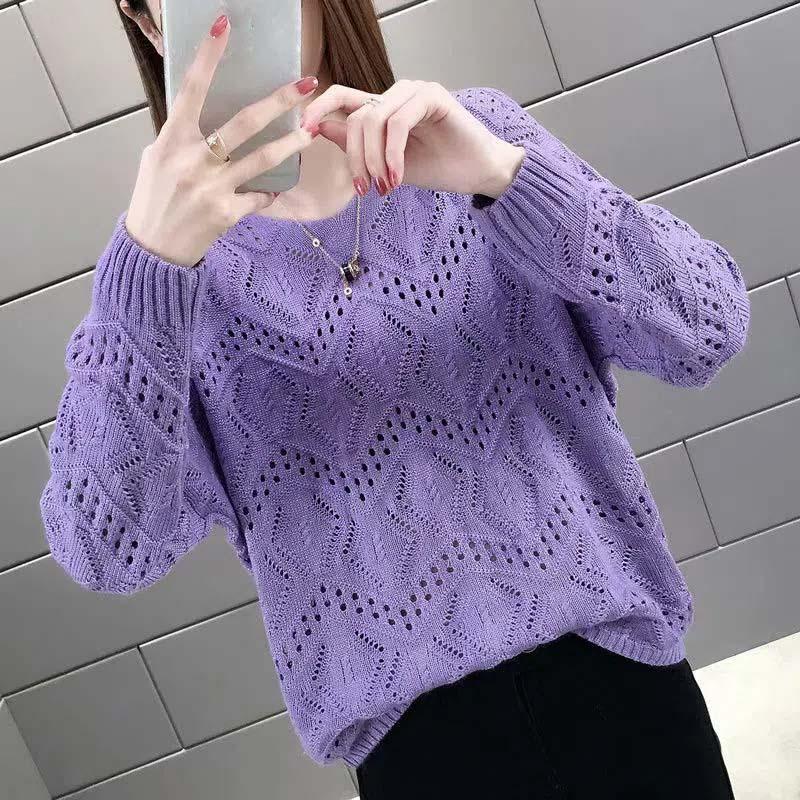 Hollow Knit Sweater Thin Women's Loose Pullover Sweet Outer Bottomed Blouse College Girl Style Hand Knitting