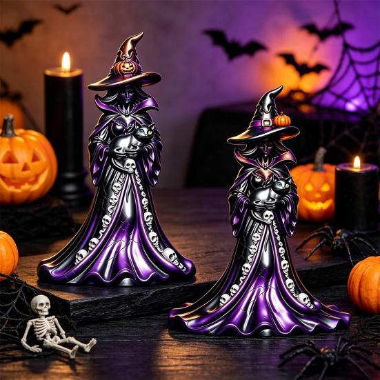 Spooky Desk Ornament Halloween Witch Figurine, Resin Black Cat Statue with Pumpkin, Retro Craft Sculpture Sculpture, Gothic Tabletop for Party Display