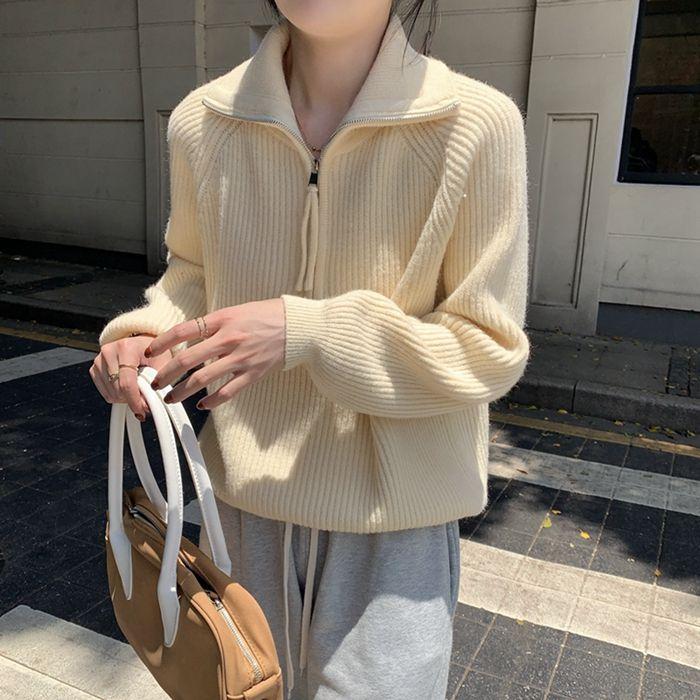 Полумолния пуловер трикотажный женский свободный тонкий верхняя одежда толстый свитер куртка топ