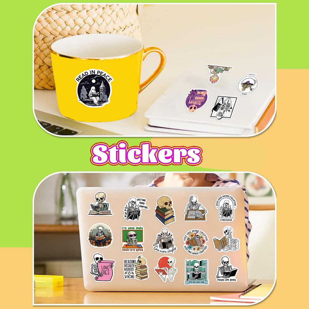50 Skeleton Reading Books Graffiti Stickers Decorate Suitcase DIY Personalized Waterproof Stickers