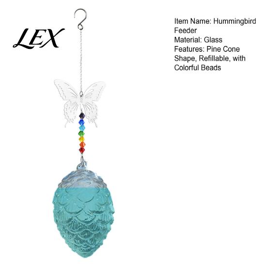 Hummingbird Attracting Feeder Pine Cone Shape Glass with Butterfly/Dragonfly Decor, Outdoor Hanging Shaped Bird Water Beads Chain for Garden