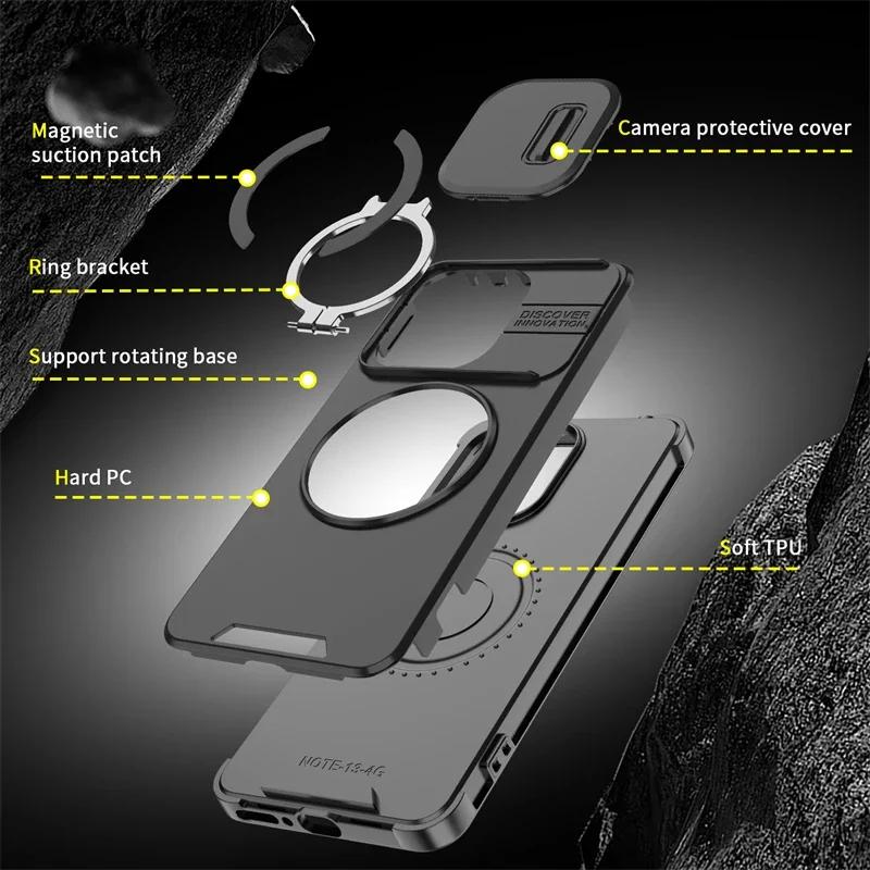 Для Redmi Note 13 4G 14Pro Plus 5G Xiaomi 14T Pro Чехол Rugged Armor Пластиковая ТПУ Рамка Магнитный Держатель-Кольцо Сдвижная Крышка Камеры