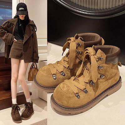 Модные женские ботильоны до середины бедра 2025 Новая осень На шнуровке Ретро Универсальные Зауженные На платформе С высокой подошвой