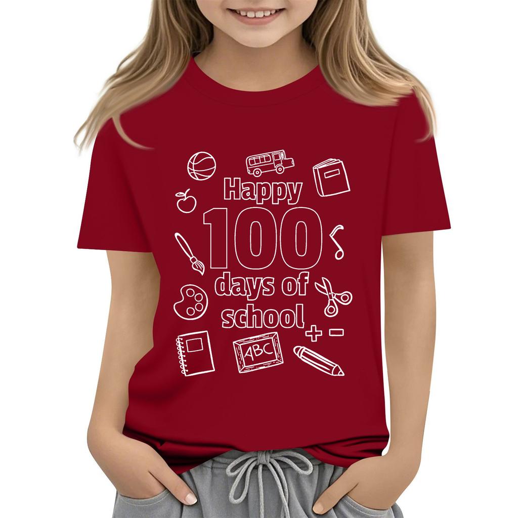 Kids Fashion Casual Short Sleeve 100 Day School Anniversary Printed Round Neck T-Shirt Top