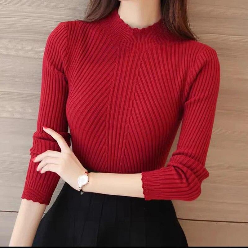 ITOOLIN Autumn Women Mock Neck Ruffles Sweater Long Sleeve Knitted Bottoming Solid Pullovers Stripe For Women Casual Sweater