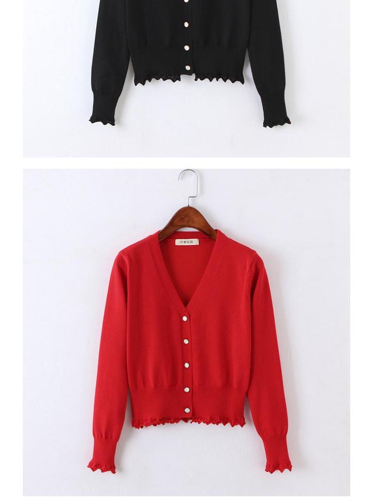 Женский трикотажный кардиган в корейском стиле с завышенной талией — длинный рукав, кружевная отделка, короткая длина.