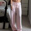 Women Casual Pants Straight Wide Leg Striped Print Long Trousers Adjustable Waist Strap