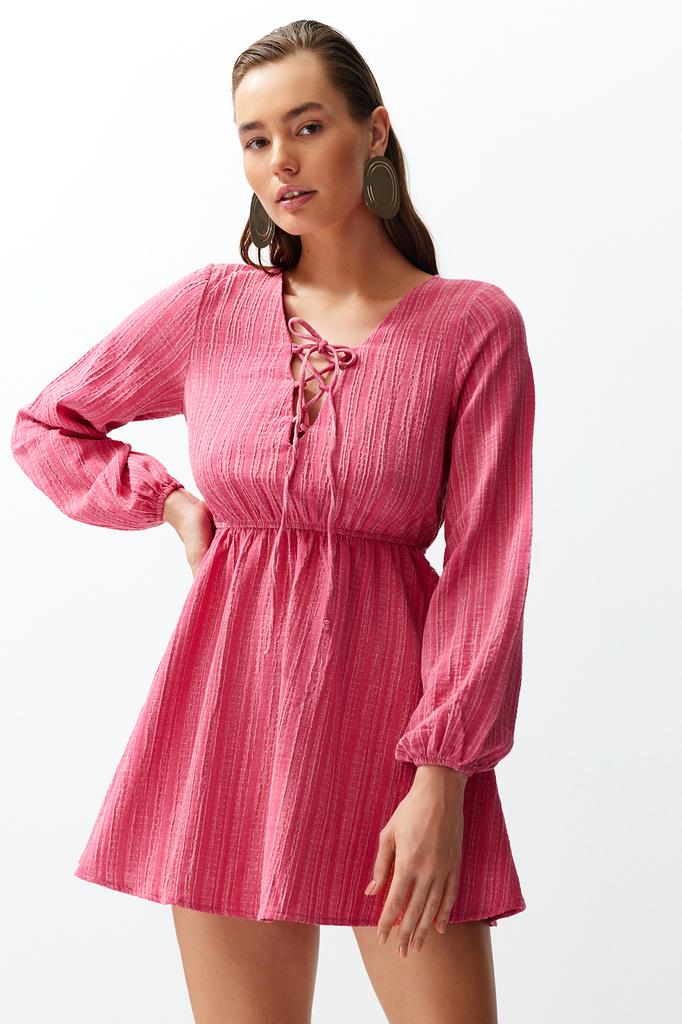 Women's Fashion New Dress Black Mini Woven Tie-Up Linen Blend Beach Dress