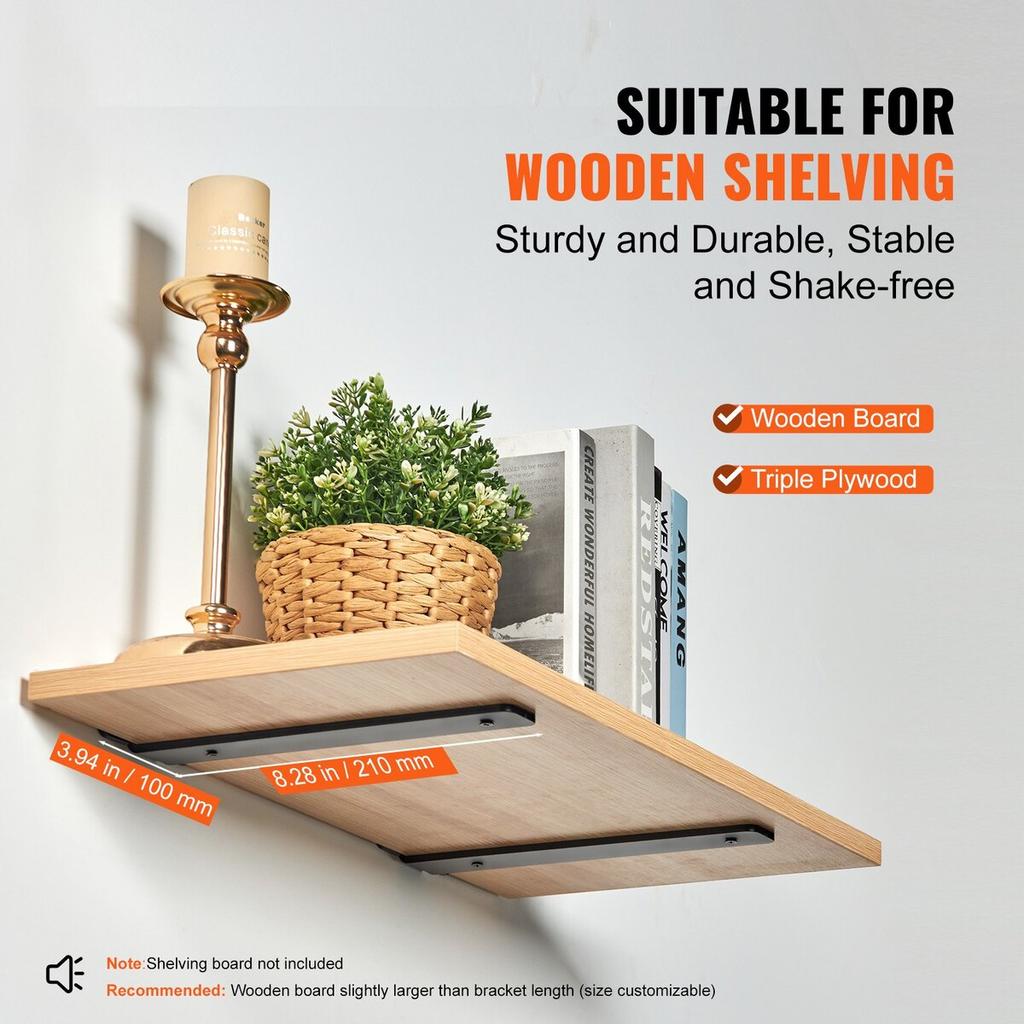 Shelf Bracket, 8”L x 4”W x 1.6”H 6 Pcs, Heavy Duty Floating Shelf Brackets, Brackets for Shelves, 5mm Thick Matte Black L Shelf Bracket,Steel Shelving