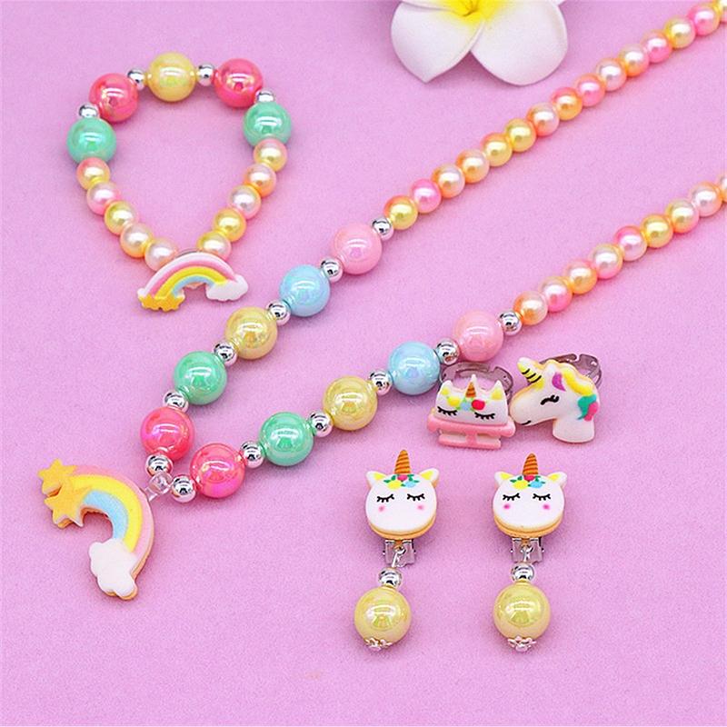 2/6pcs/set Children Necklace Bracelet Set Cute Unicorn Rainbow Necklace Bracelet For Little Girls Zircon Set Wholesale