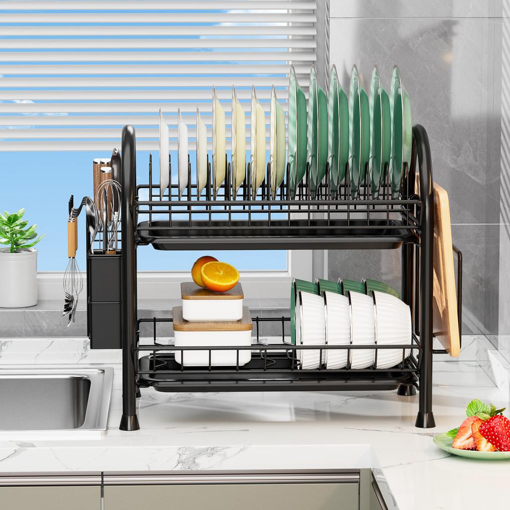 Dish Drying Rack Plates Bowl Organizer with Drain Tray Dish Drainer Storage Rack Kitchen Countertop Utensils Draining