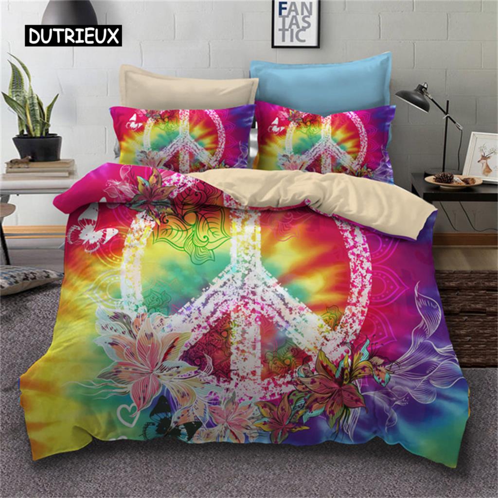 Пододеяльник с символом мира, великолепный комплект постельного белья Camper Van Peace Sign, микрофибра, мандала, одеяло, покрывало, украшение для спальни размера King Size