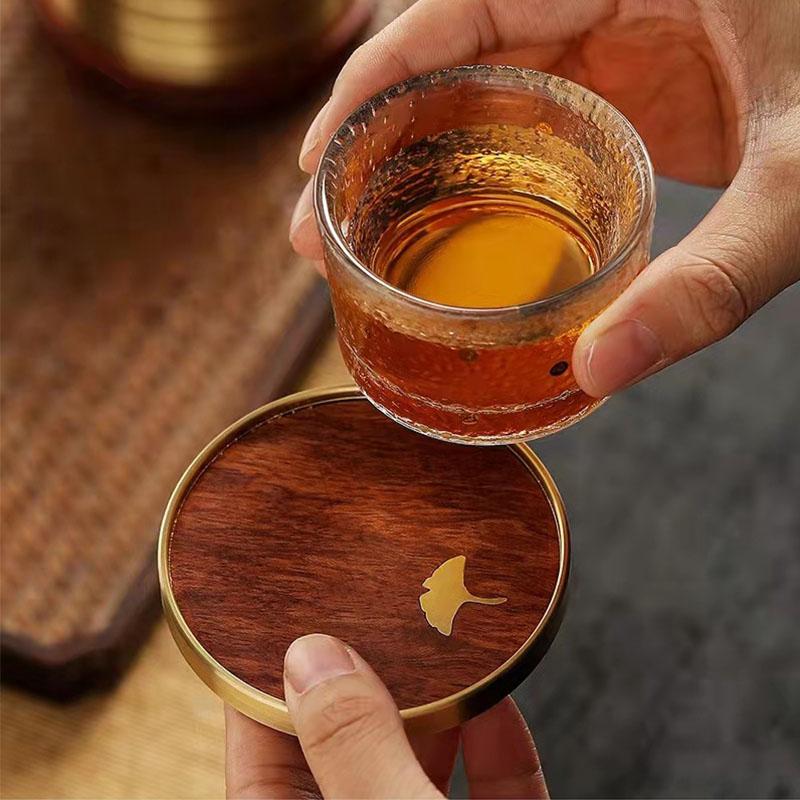 Набор подставок из розового дерева, круглый коврик из черного дерева, термостойкий коврик для чашки кофе, офиса, дома, кухни, с медным противоскользящим покрытием