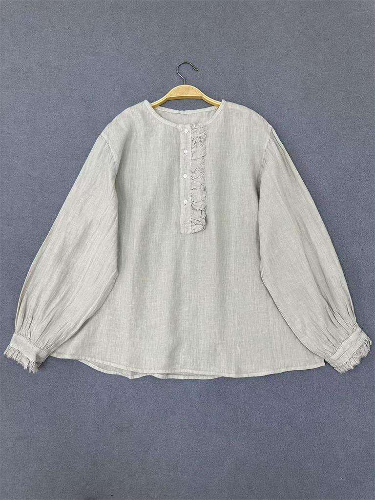 Johnature French Vintage Patchwork Ruffle Edge Round Neck Shirt For Women Casual Versatile Loose Vacation Blouses