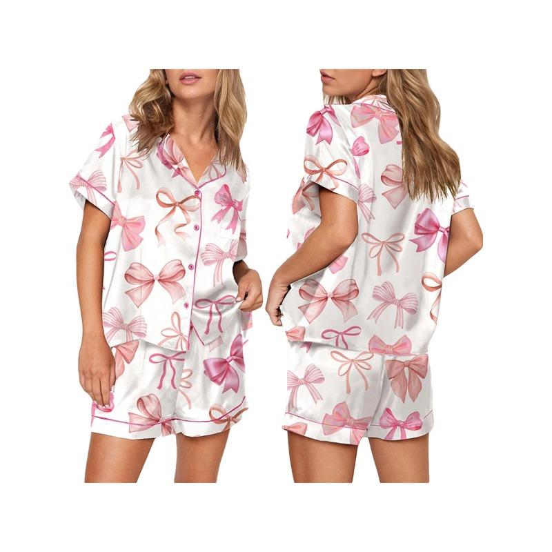 Женский комплект из 2 предметов для дома, пижама с коротким рукавом, милым бантом, застегивающаяся на пуговицы рубашка, топ + свободные шорты, комплект для сна