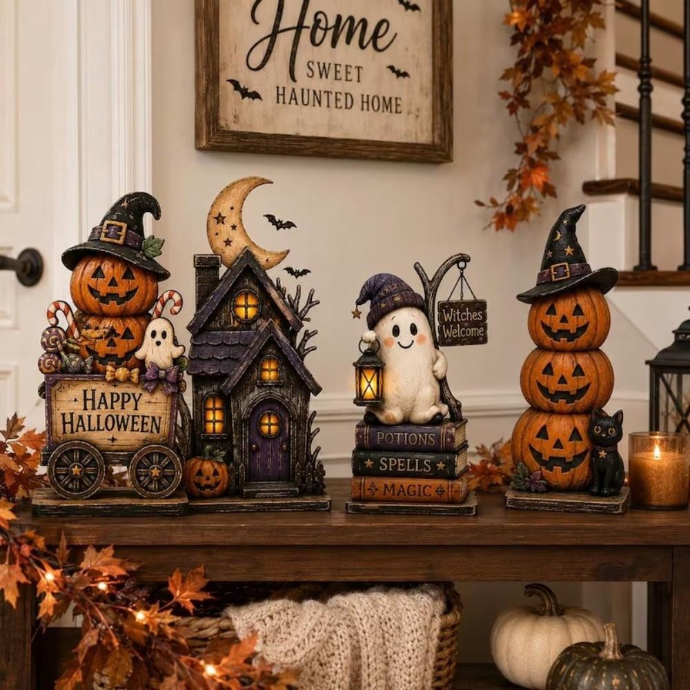 Spooky Wood Haunted House Statue Vintage Stacked Pumpkin Cart Ornament Mantel Decor