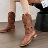 Comemore Hollow Out Western Cowboy Boots for Women 2025 Spring Summer Retro Embroidered Mid-calf Cool Boots Ethnic Knight Botas