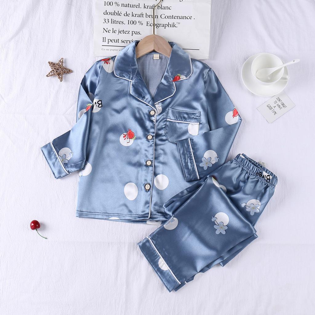 Boys Girls Silk Pajamas Short Sleeves Nightwear Spring Summer 2 Pieces Print