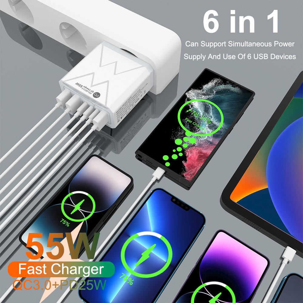 Быстрое зарядное устройство PD 25 Вт на 6 портов: 3 USB, 3 PD 55 Вт с QC3.0 – Штекеры EU, UK, AU