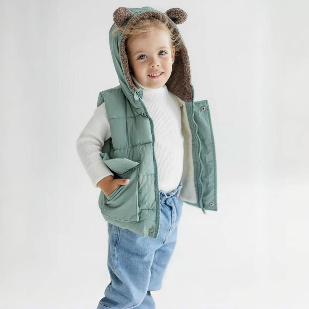 Toddler Hooded Vest with Bear Ears, Warm Padded Gilet for Boys and Girls, Autumn Spring Outfit, Age 1–6