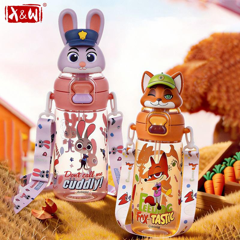 X&W Для Зверополиса Пластиковая Бутылка для Воды Мультяшная Джуди Ник Двойная Кружка для Напитков Герметичные Кружки с Соломкой Летние Холодные Напитки Спортивные Кружки