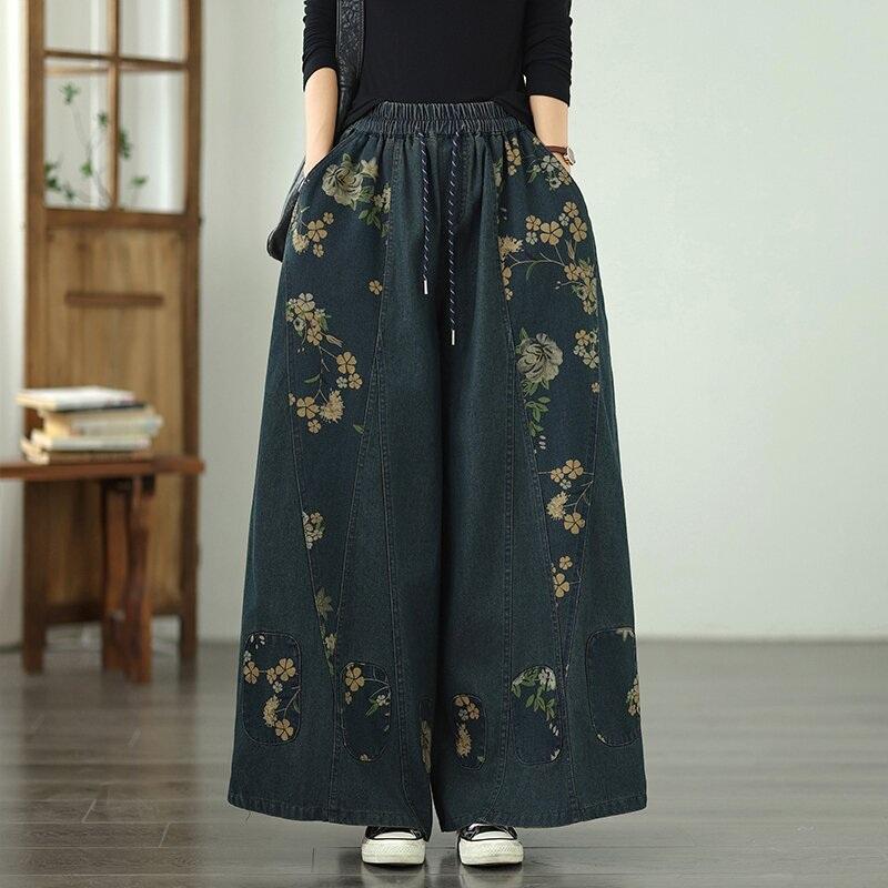 Plus Size Vintage Floral High Waist Casual Loose Women Spring Autumn Jeans Denim Wide Leg Pants
