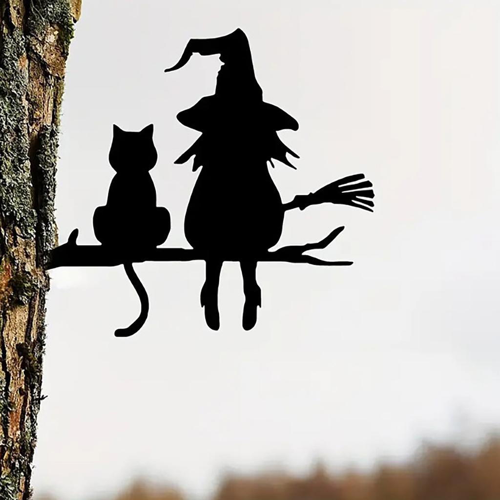 Metal Silhouette Cute Witch And Cat Garden Tree Stump Yard Art Decorative Tree Stump Plugin Garden