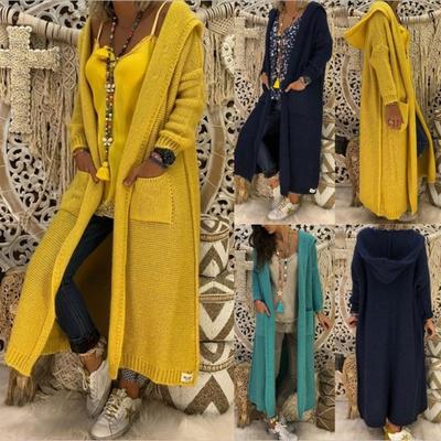 Женские длинные кардиганы, свитера с капюшоном, вязаный свитер большого размера, пальто