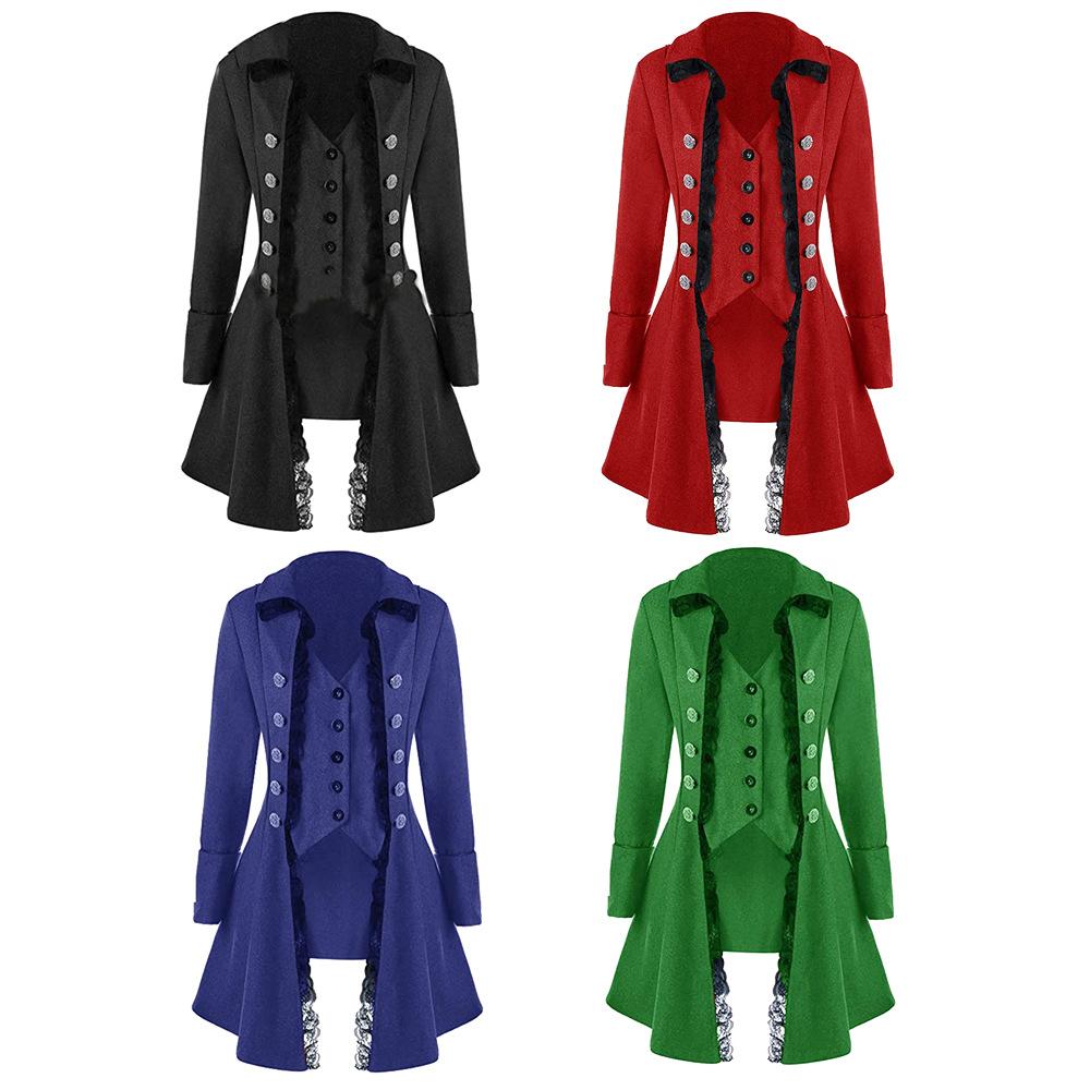 KC Gothic Victorian Pirate Tailcoat Women's Faux Two-Piece Lace Trimmed Coat Medieval Halloween Costume Fantasy