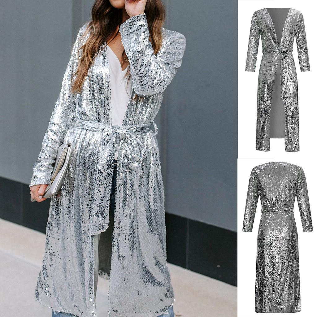 Women's Fashion Casual Sequins Long Button Belt Coat Cardigan