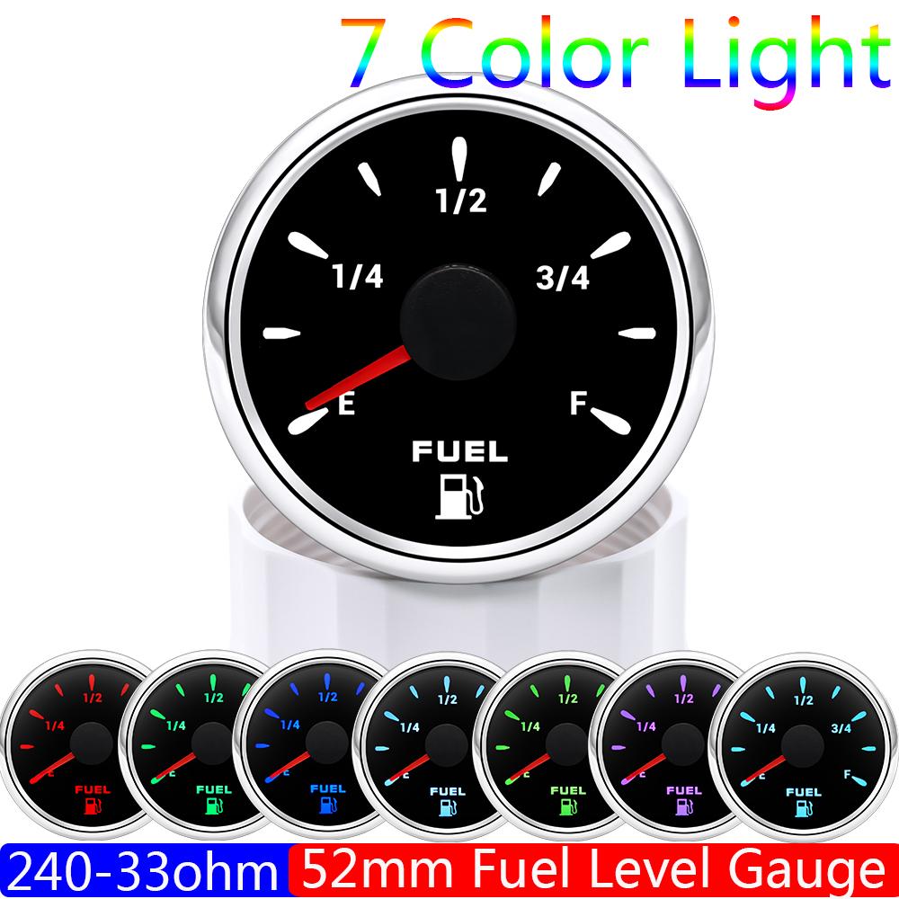 7 Color Backlight 52MM Fuel Level Gauge 0-190 Ohm Water Tank Gauge Meter Indicator 240-33 Ohm Oil Level Meter Auto Car Gauge