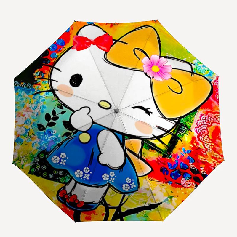 1pc Hello Kitty Automatic Opening/Closing Umbrella with Floral Print - Portable Three-Fold Design, 8-Bone Iron Frame Outdoor Umbrella for Festivals, T