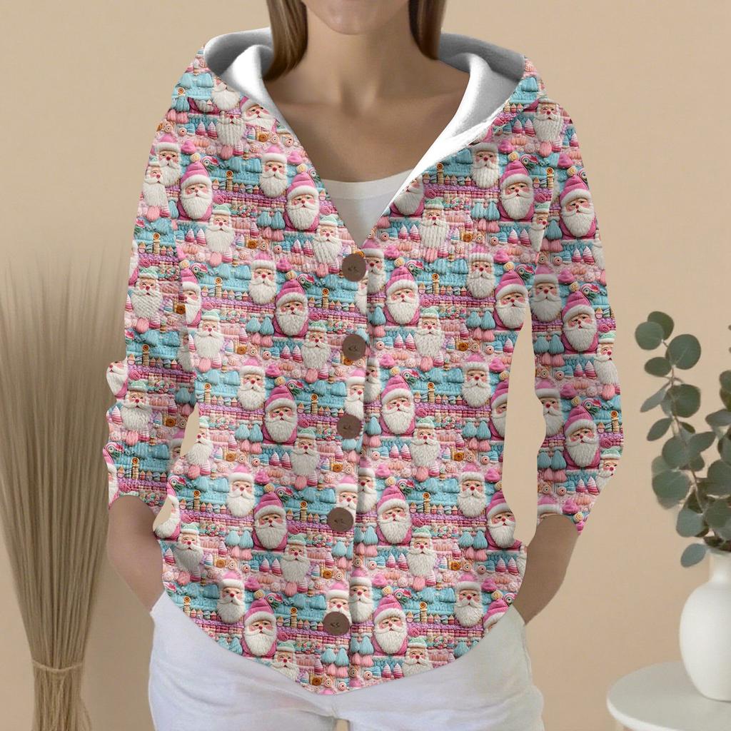 Женский модный повседневный свитер на пуговицах с принтом, кардиган, куртка с капюшоном