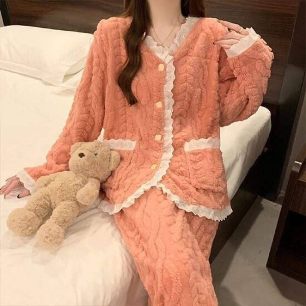 Navava Women Cozy Lace Wool Pajamas Long Sleeve Two Piece Set Nt2036