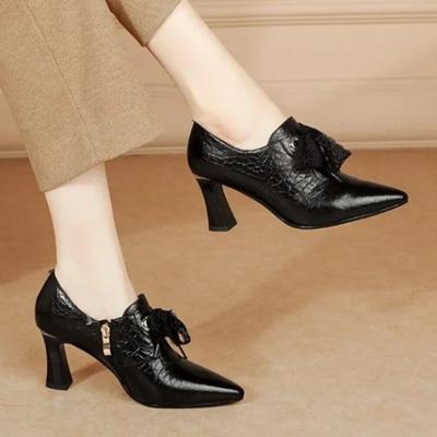 Туфли-лодочки Deep Mouth Solid Color Single Shoes Весна и осень Новые модные универсальные туфли на толстом каблуке с заостренными носами и молнией сбоку