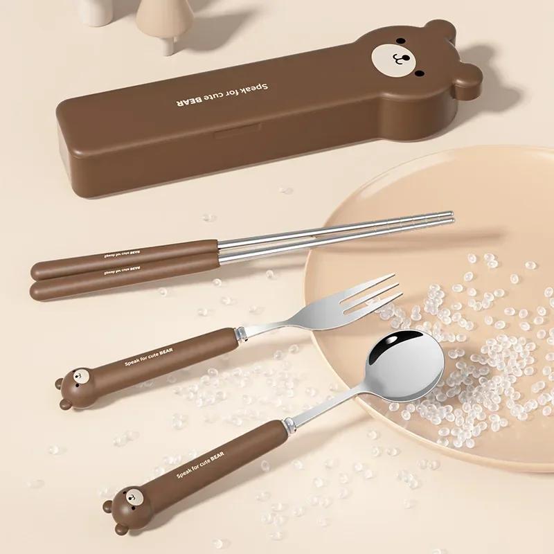 Stainless Steel Portable Cutlery Children'S Two Piece Set Student Cute Animal Bear Rabbit Spoon Fork Chopsticks Three Piece Set
