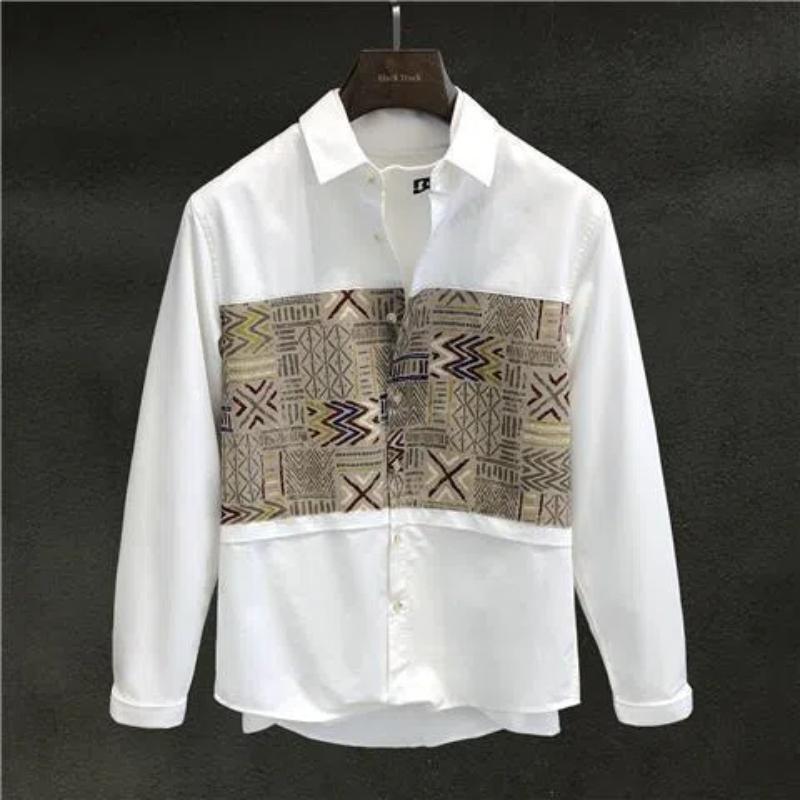 Japanese 2024 Men's New Patchwork Square Collar Button Printing Geometric Fashion Loose Minimalist Casual Long Sleeved Shirts