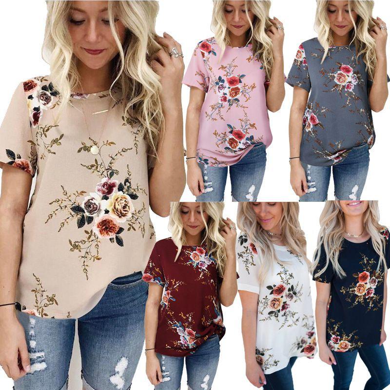 Elegant Summer Women Blouse Floral Print Short Sleeve Loose Casual T-shirt Tops